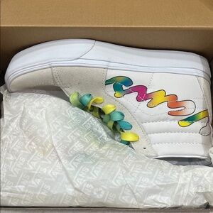 Vans White High-Top Sneakers with Rainbow Script and Gradient Laces